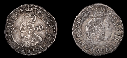 A silver Charles, Threepence 'hammered' in the Dyfi Furnace Mint in 1649