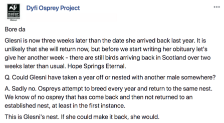 DOP Facebook post about Glesni not returning 2018