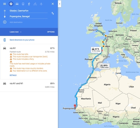 Google map showing driving time from Wales to Senegal