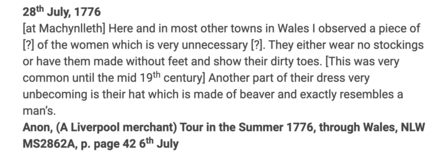 1776 traveller to Machynlleth reporting women wearing beaver hats