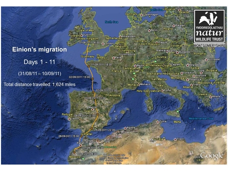 Einion's migration route into Africa.