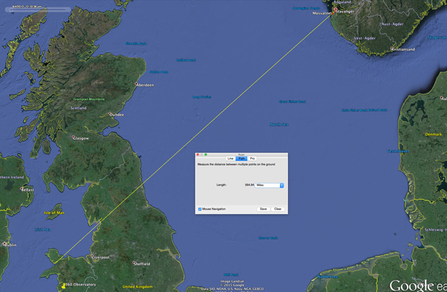 MWT. Map showing JOU5 black-headed gull sighting distance