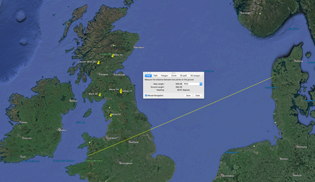 Google map showing distance between Dyfi nest and Merin's nest in Denmark